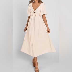 Elegant Cream Maxi Dress Tie Front with Flutter Sleeves